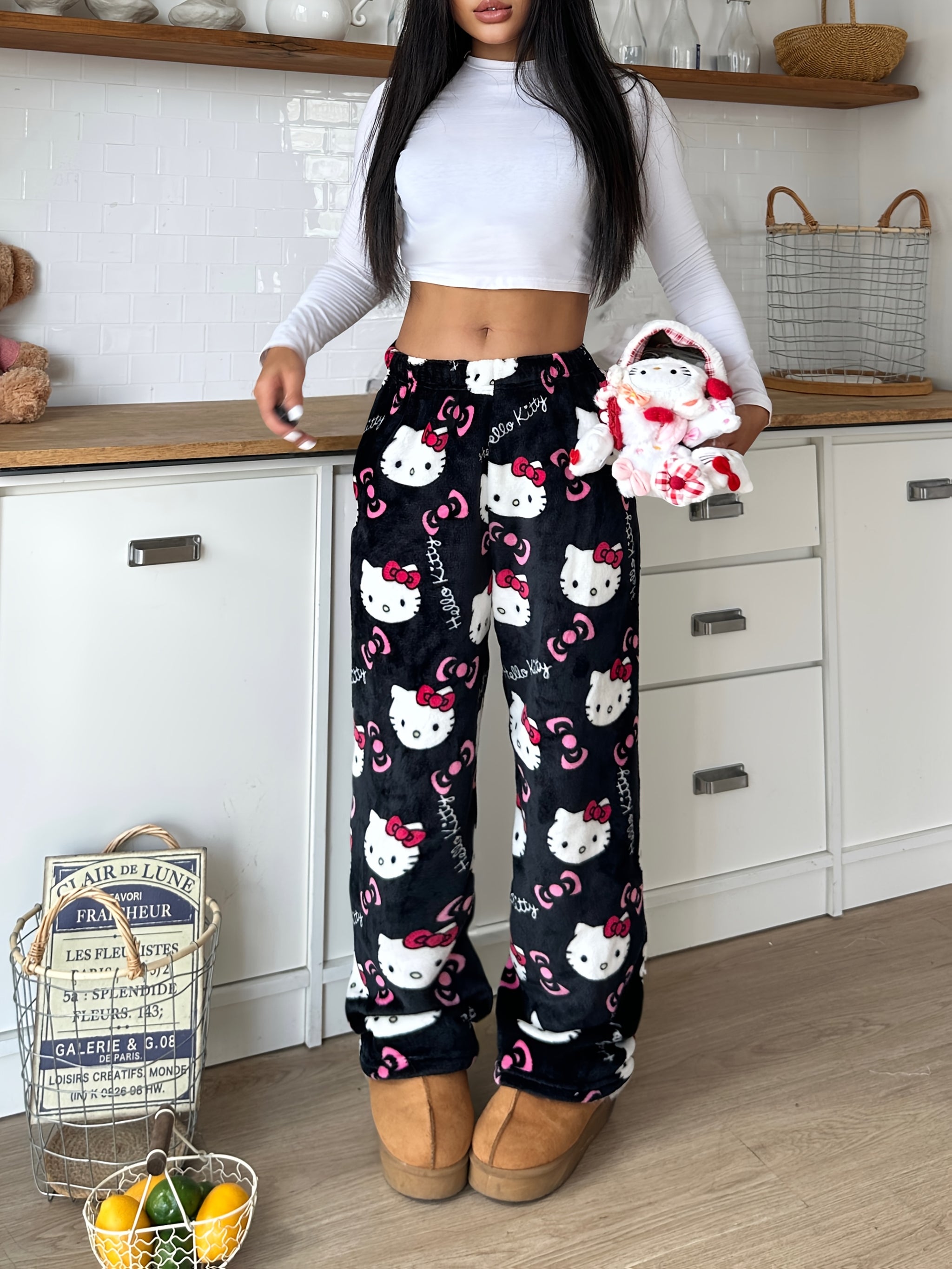 Hello Kitty Plush Pajama Pants – Cozy Cartoon Lounge Bottoms for Women&Men