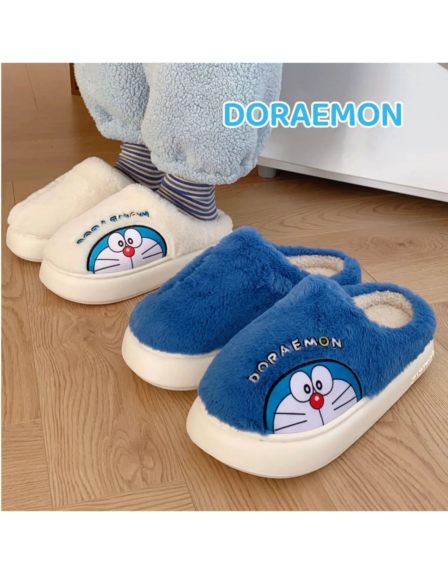 Fluffy Doraemon Slippers – Cozy Indoor Winter Shoes for Women & Men