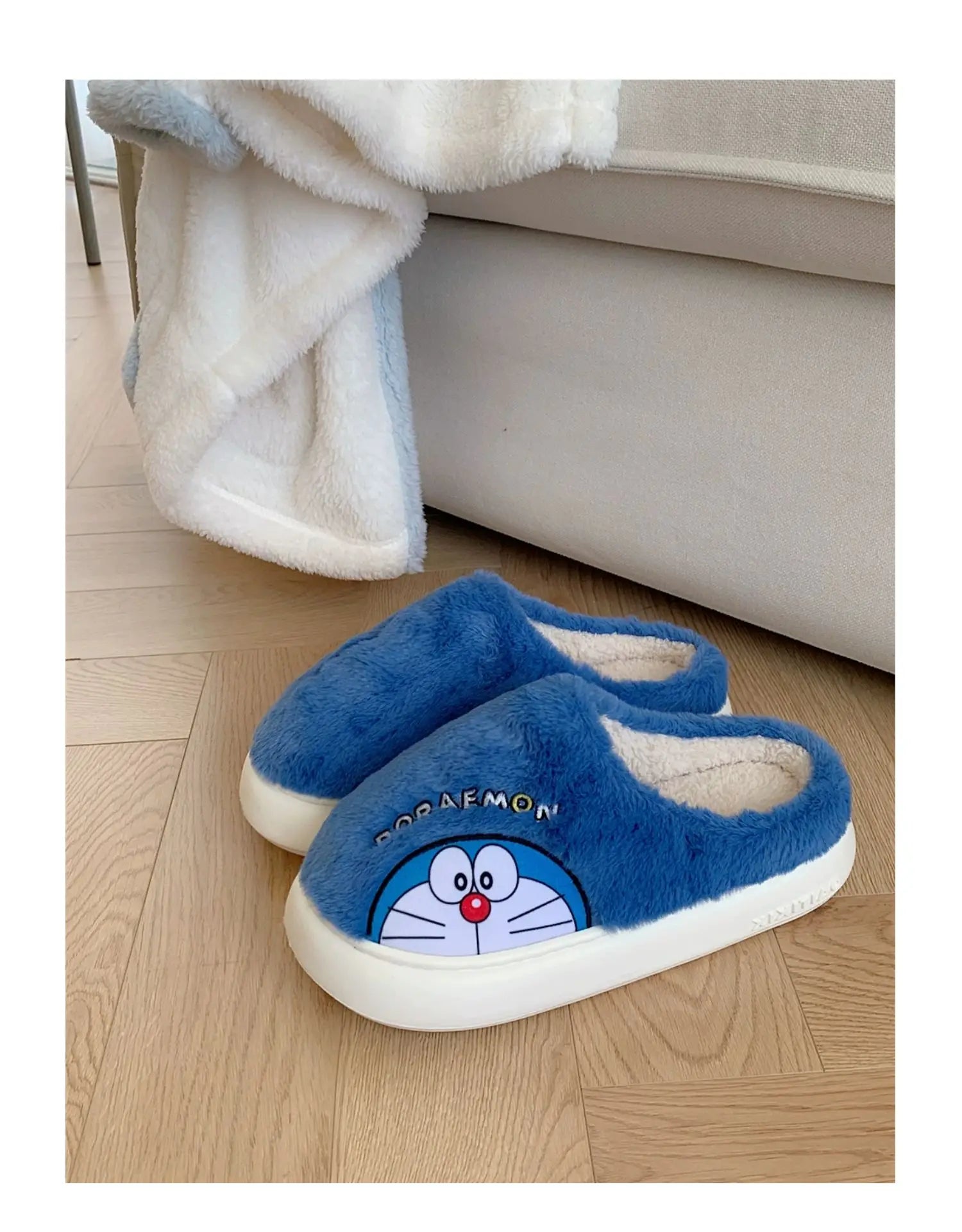 Fluffy Doraemon Slippers – Cozy Indoor Winter Shoes for Women & Men