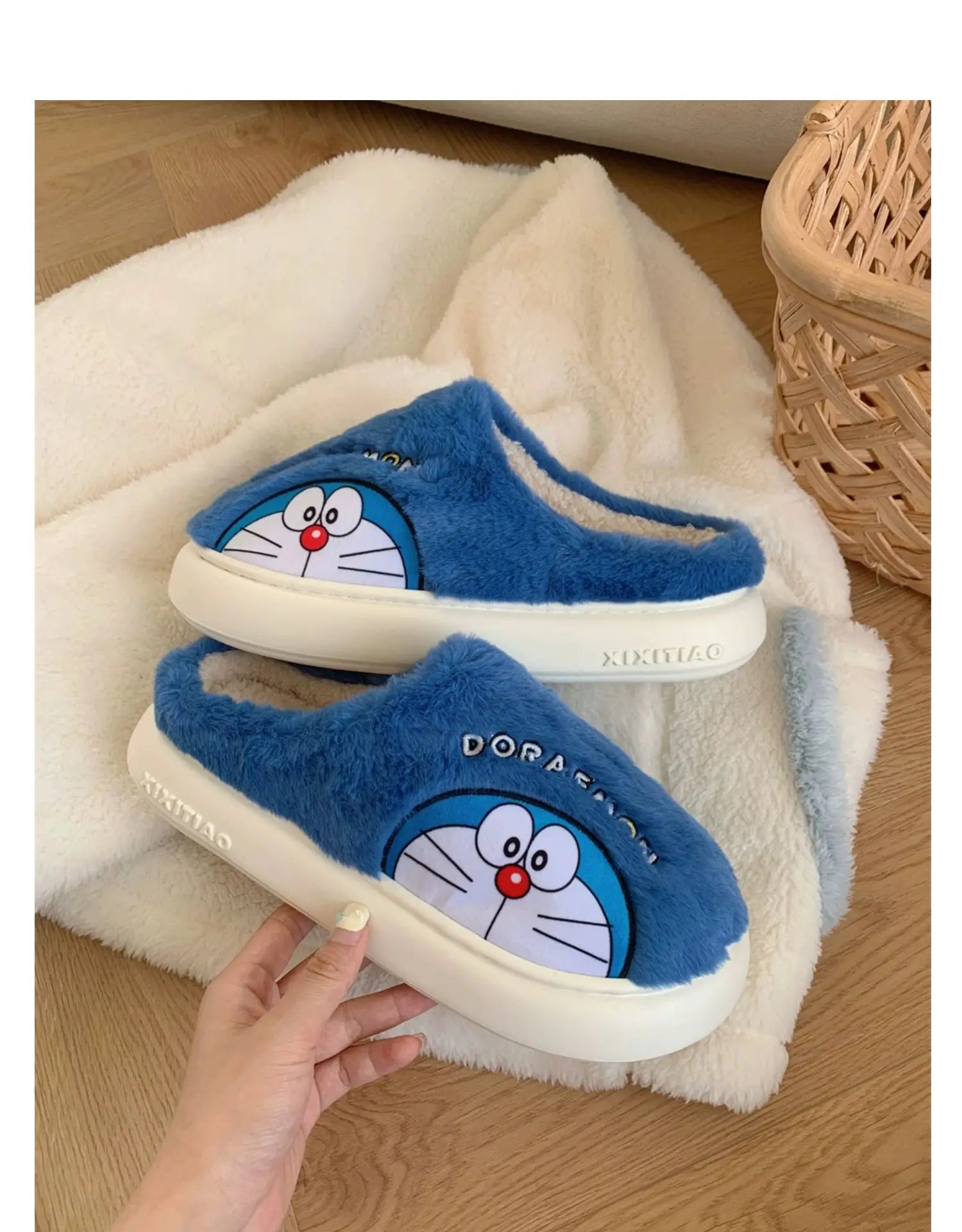 Fluffy Doraemon Slippers – Cozy Indoor Winter Shoes for Women & Men