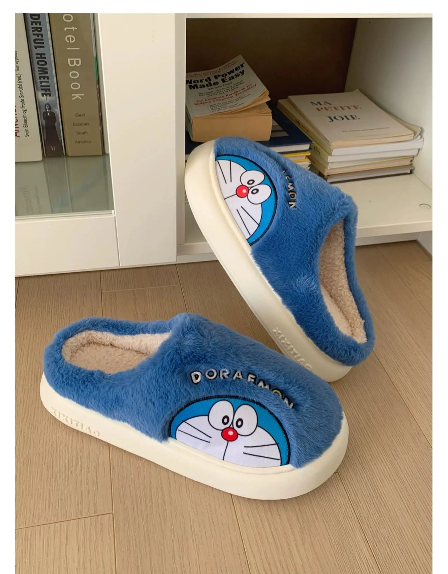 Fluffy Doraemon Slippers – Cozy Indoor Winter Shoes for Women & Men
