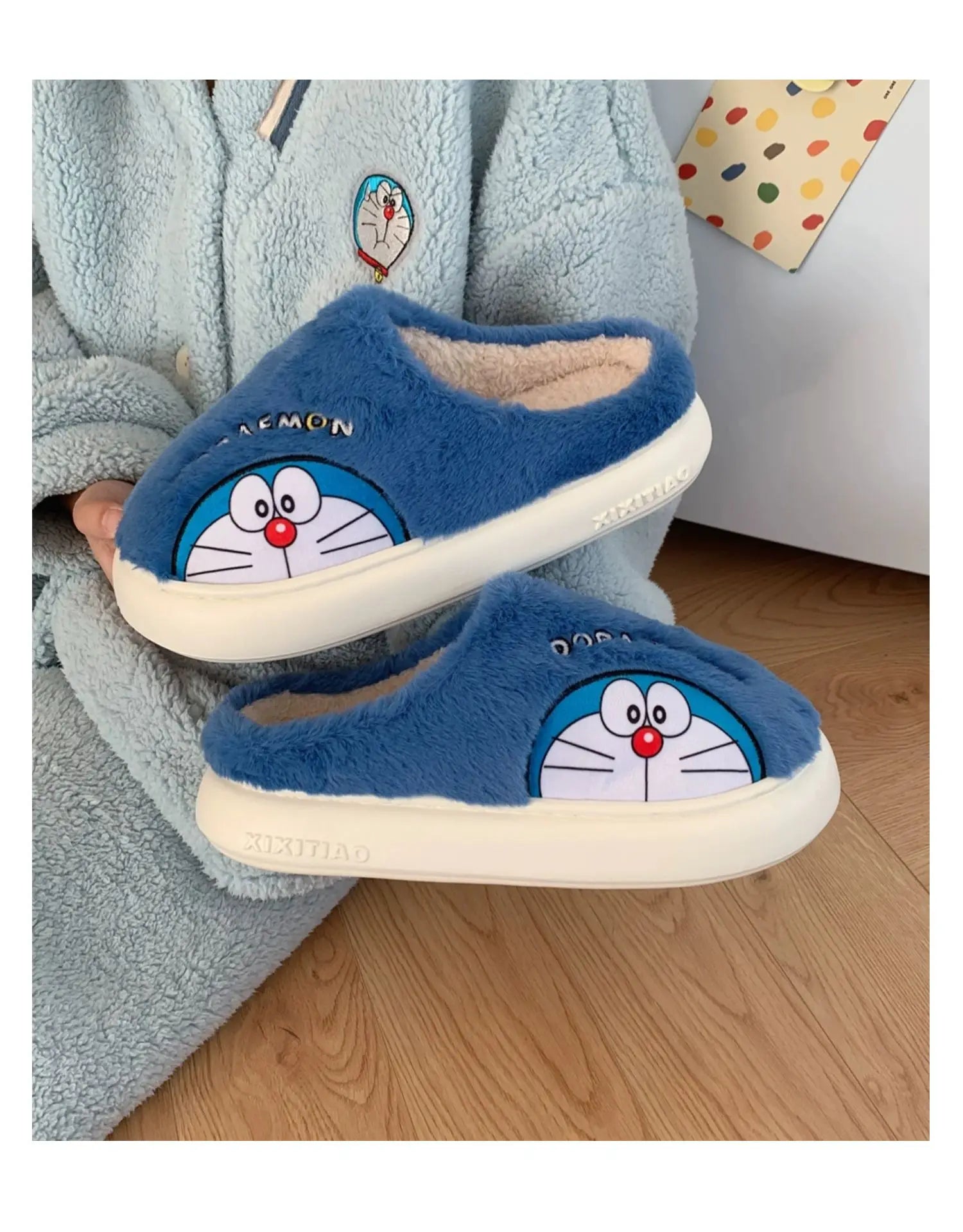 Fluffy Doraemon Slippers – Cozy Indoor Winter Shoes for Women & Men