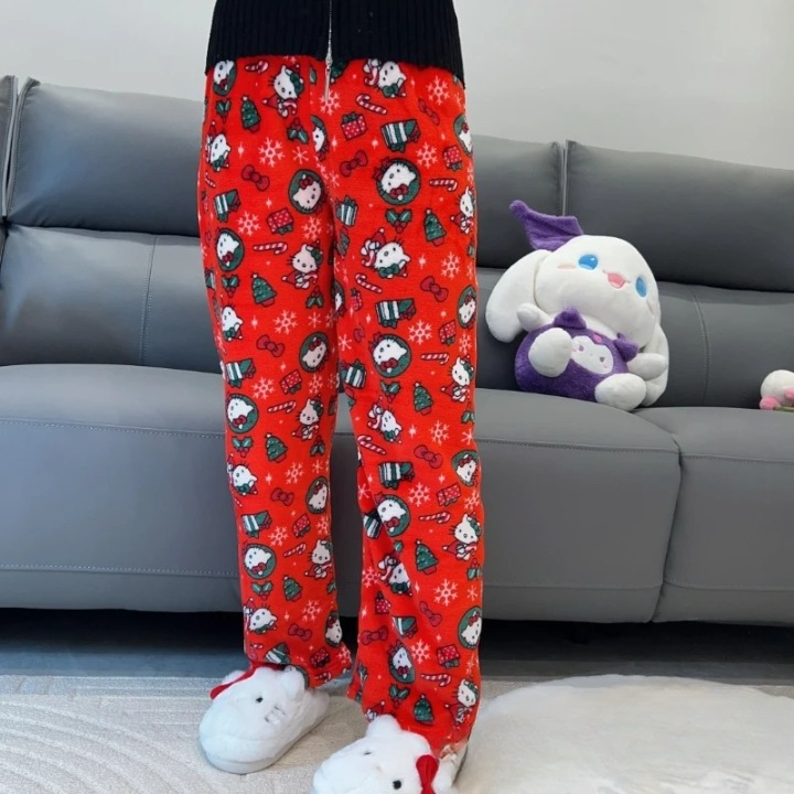 Hello Kitty Plush Pajama Pants – Cozy Cartoon Lounge Bottoms for Women&Men