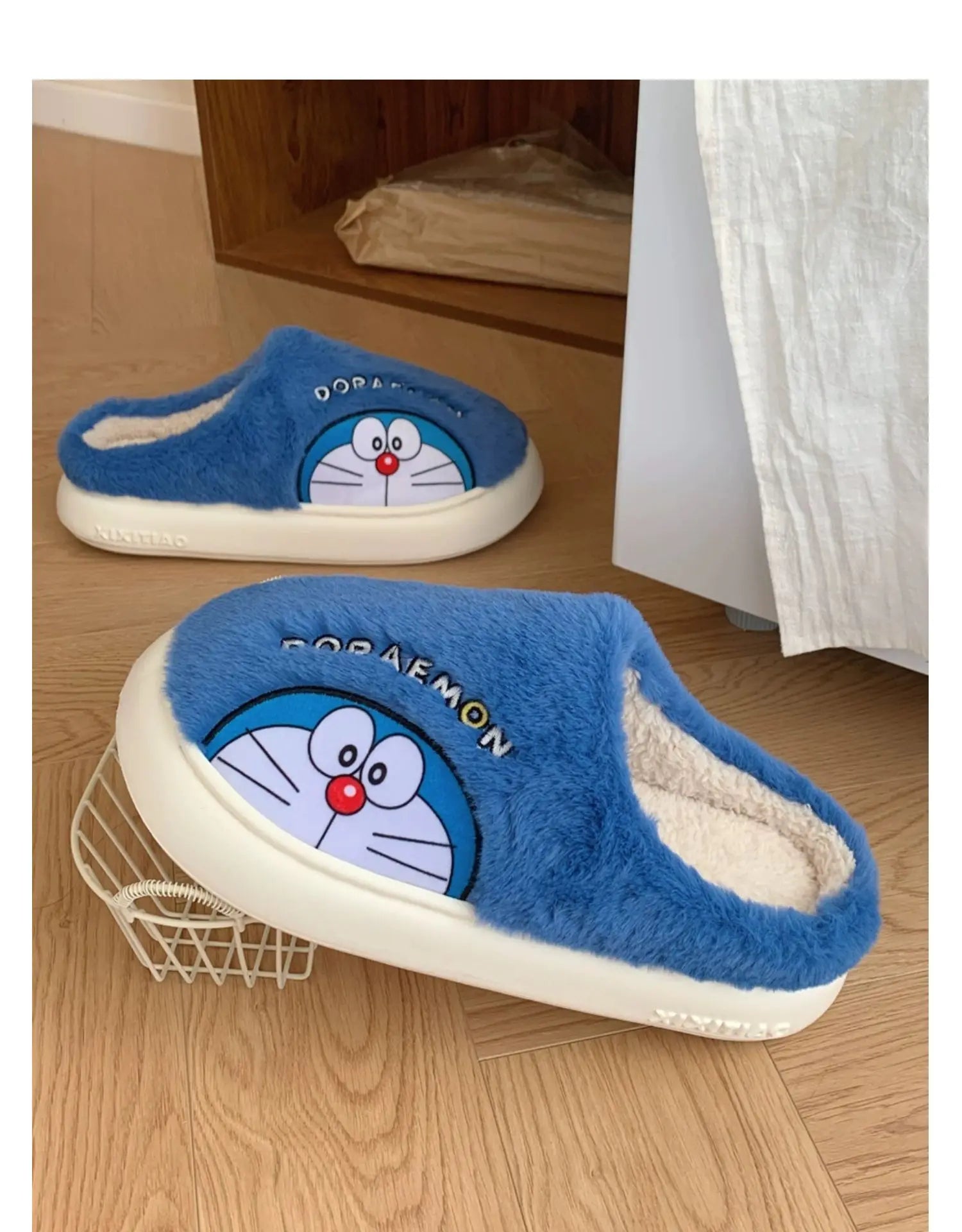 Fluffy Doraemon Slippers – Cozy Indoor Winter Shoes for Women & Men