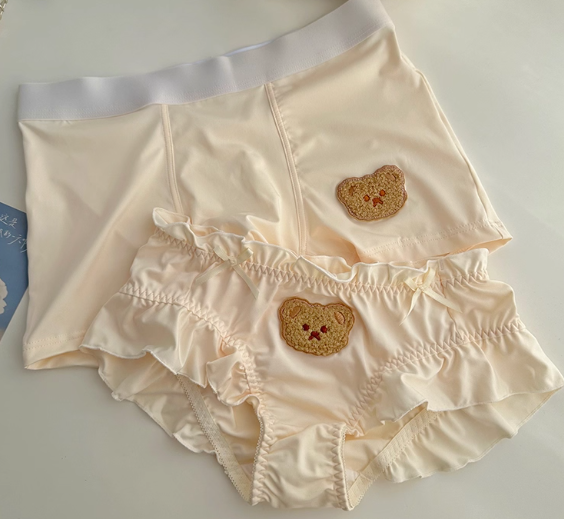 Cute Couple Underwear, Soft Bear Embroidery Design, Matching Women & Men Panties