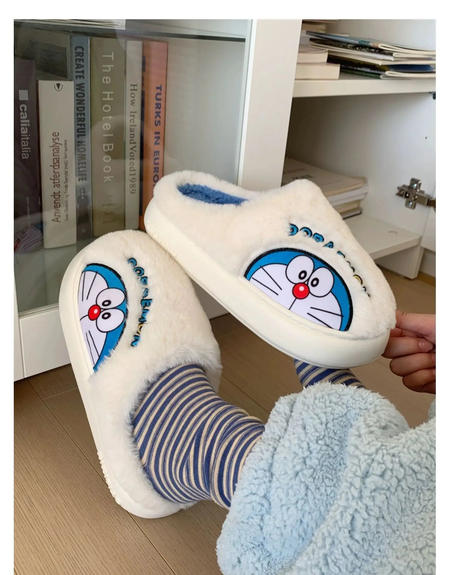 Fluffy Doraemon Slippers – Cozy Indoor Winter Shoes for Women & Men