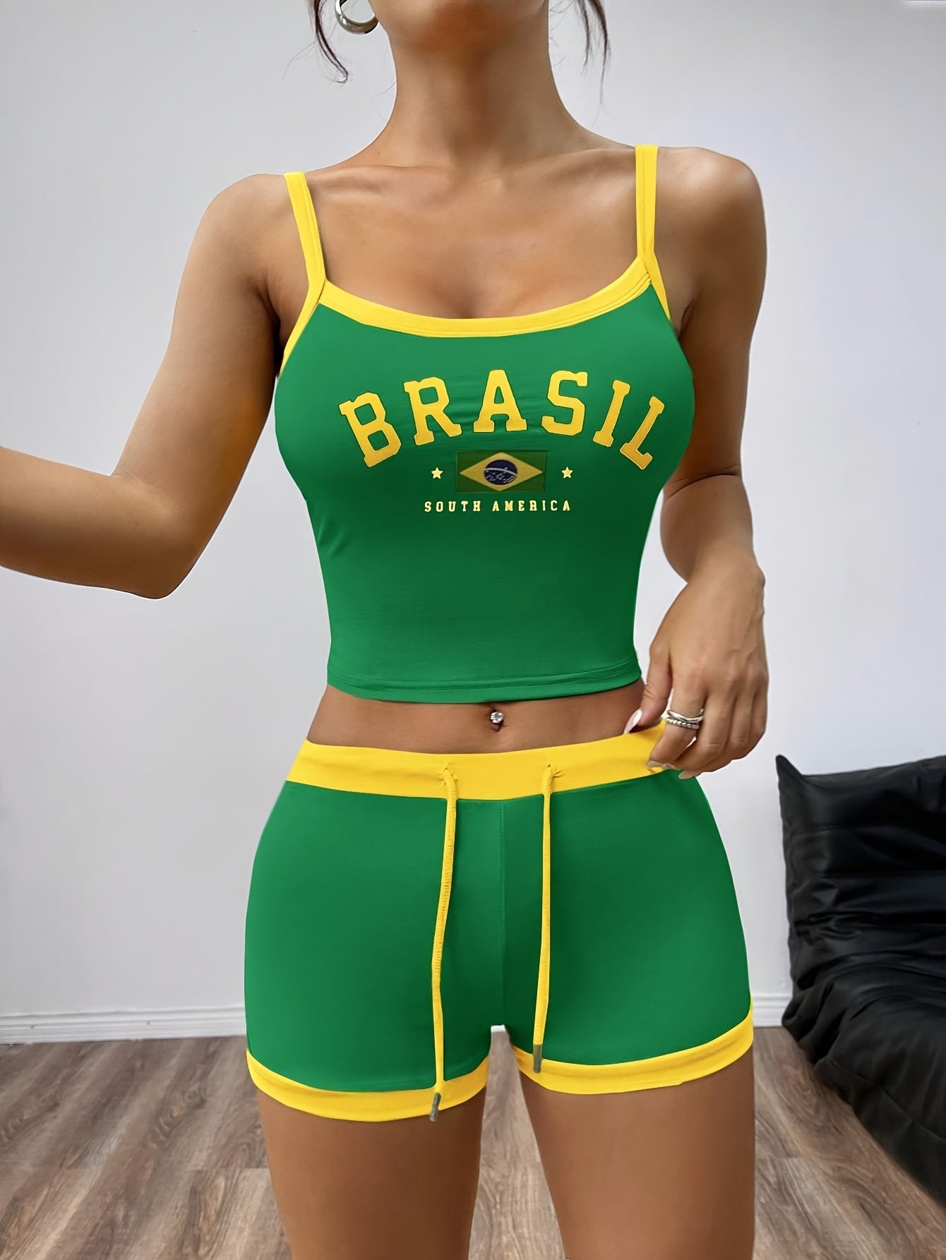 Women's Brazil Inspired Two Piece Set – 'Brasil' Crop Top and Shorts in Green & Yellow