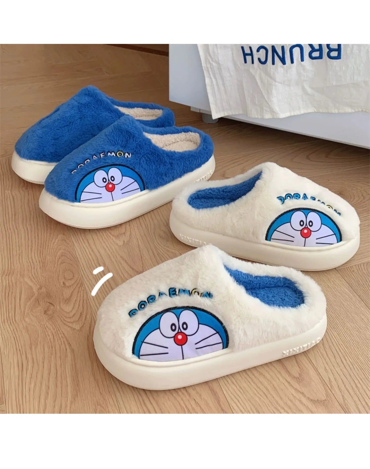 Fluffy Doraemon Slippers – Cozy Indoor Winter Shoes for Women & Men