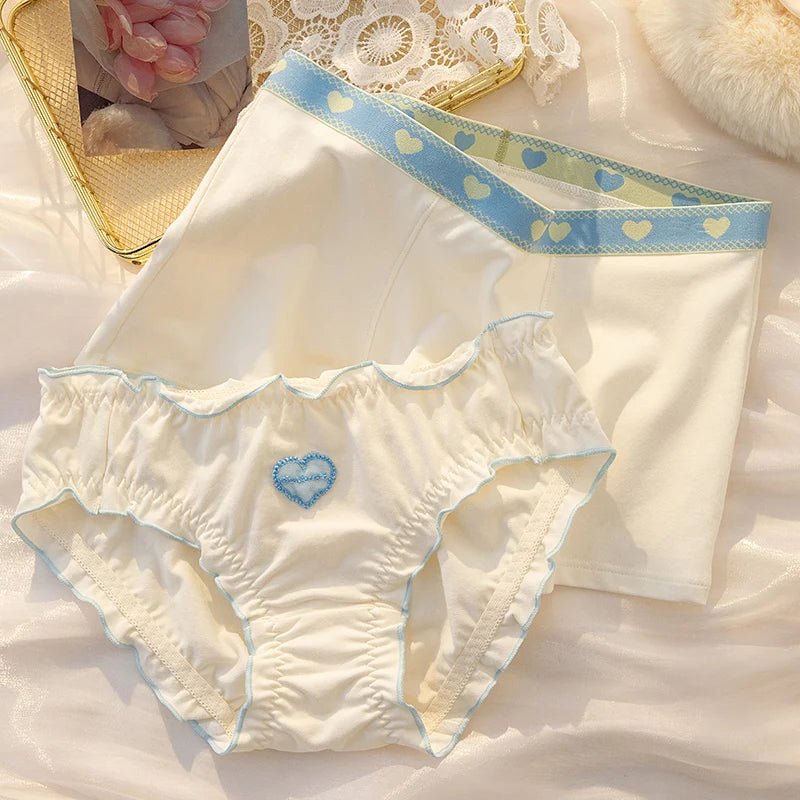 Kawaii Couple Underwear Set – Matching Heart Print Panties & Boxers with Ruffle Details
