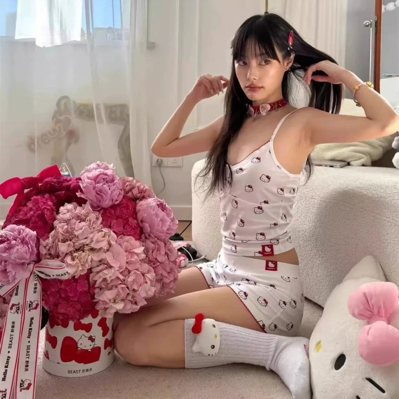 Cute Hello Kitty-Inspired Pajama Set – Kawaii Camisole & Shorts Loungewear for Women