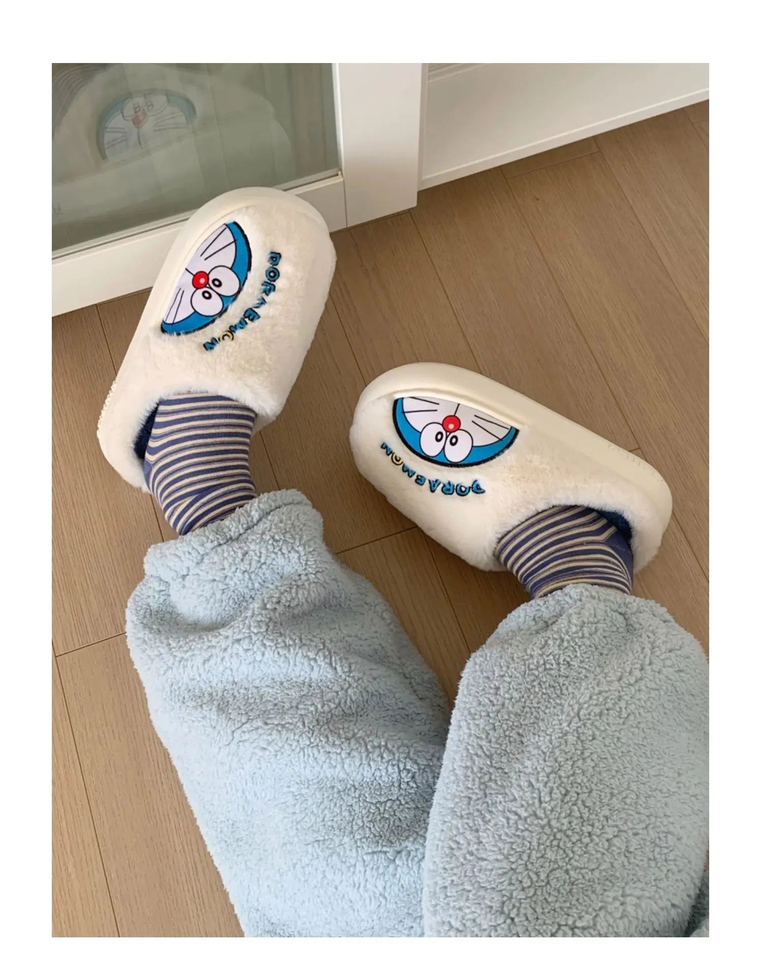 Fluffy Doraemon Slippers – Cozy Indoor Winter Shoes for Women & Men