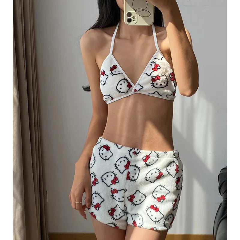 Hello Kitty Fleece Pajama Set – Soft & Cute Triangle Top and Shorts Sleepwear