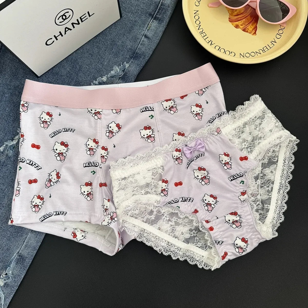 Hello Kitty Matching Underwear Set, Lace Detail & Playful Couple Style
