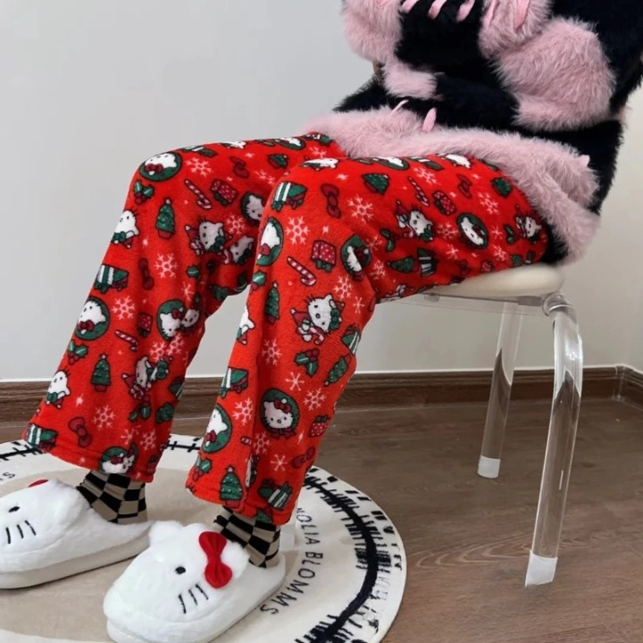 Hello Kitty Plush Pajama Pants – Cozy Cartoon Lounge Bottoms for Women&Men