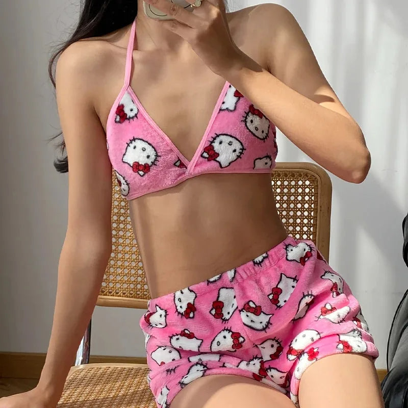 Hello Kitty Fleece Pajama Set – Soft & Cute Triangle Top and Shorts Sleepwear