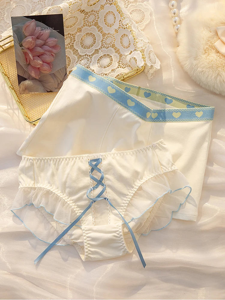 Kawaii Couple Underwear Set – Matching Heart Print Panties & Boxers with Ruffle Details