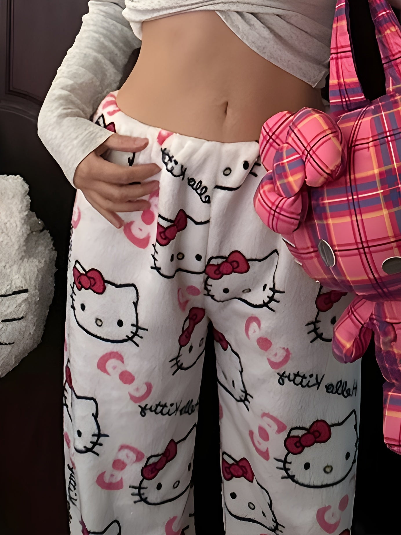 Hello Kitty Plush Pajama Pants – Cozy Cartoon Lounge Bottoms for Women&Men