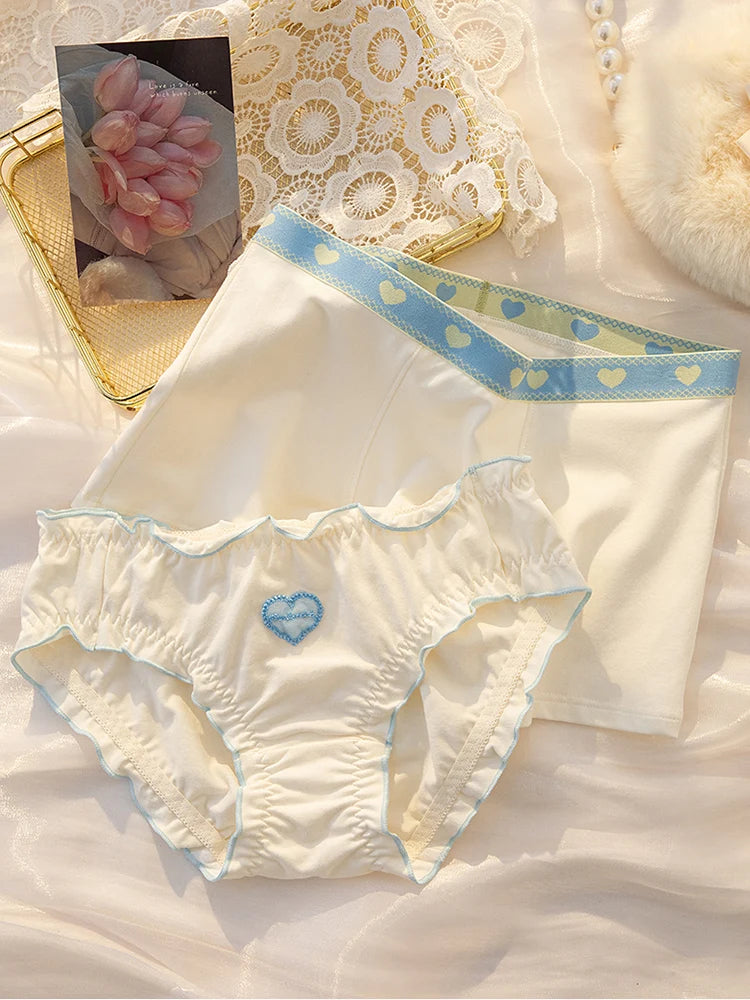 Kawaii Couple Underwear Set – Matching Heart Print Panties & Boxers with Ruffle Details