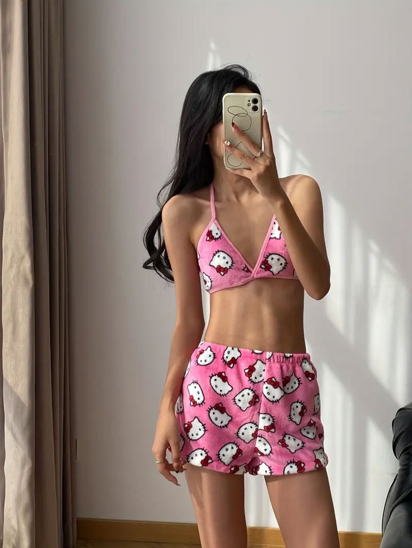 Hello Kitty Fleece Pajama Set – Soft & Cute Triangle Top and Shorts Sleepwear