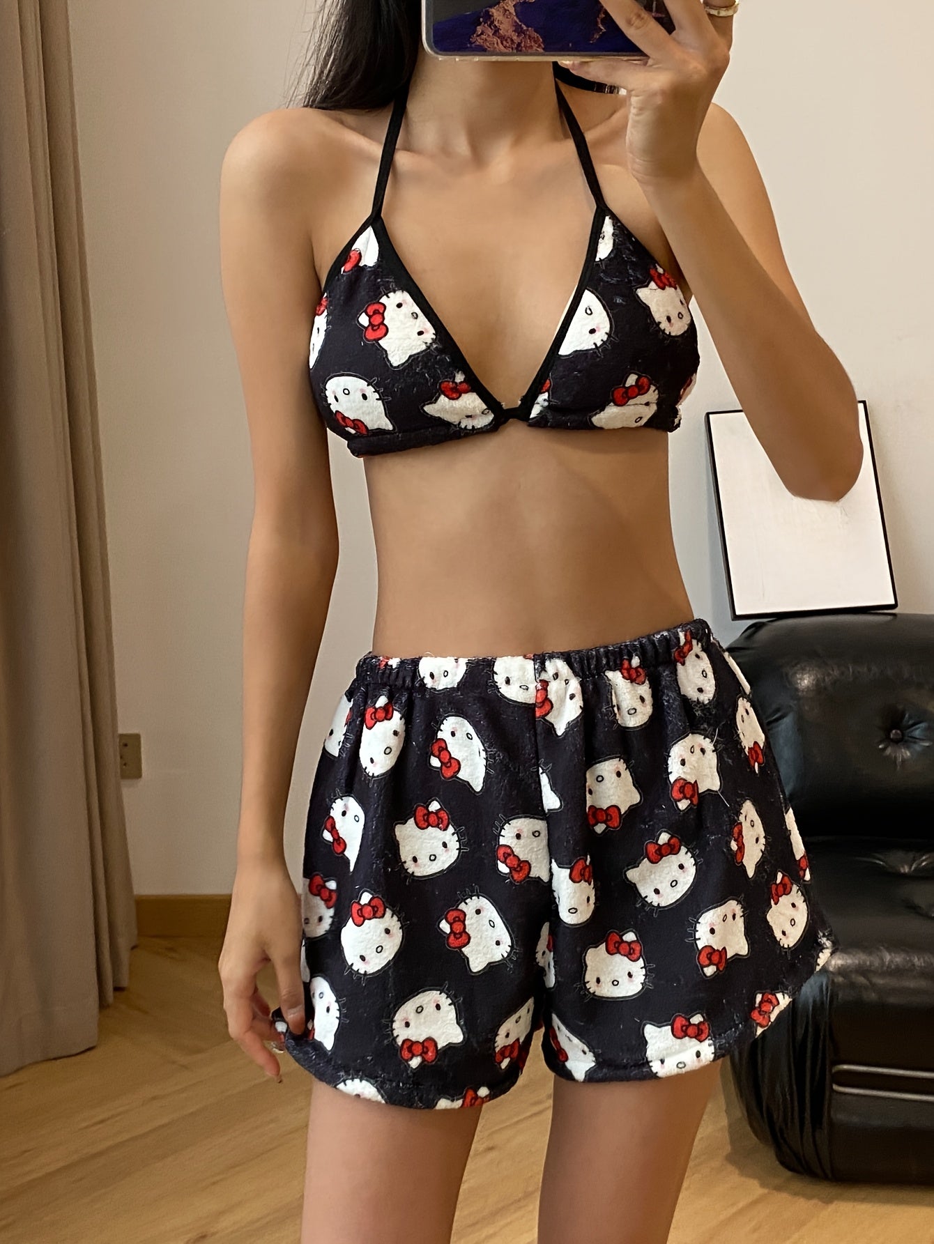 Hello Kitty Fleece Pajama Set – Soft & Cute Triangle Top and Shorts Sleepwear