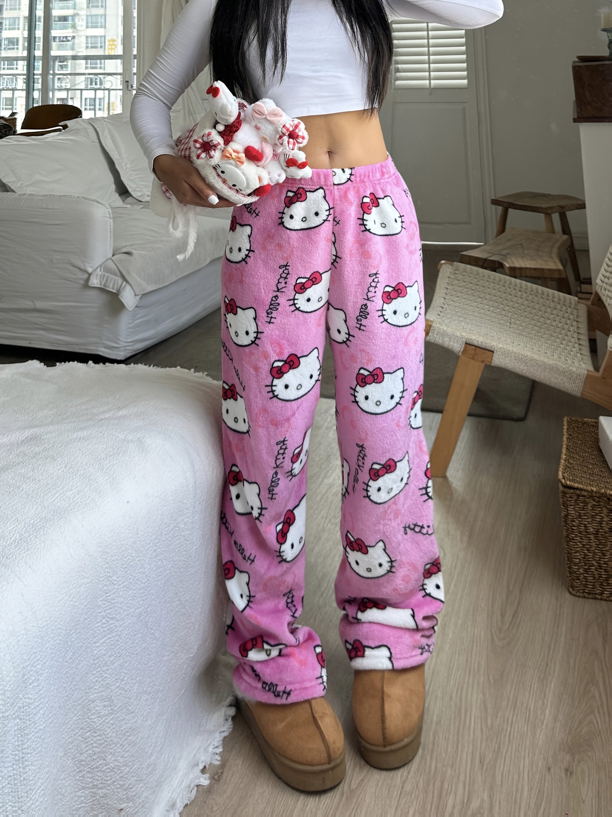 Hello Kitty Plush Pajama Pants – Cozy Cartoon Lounge Bottoms for Women&Men