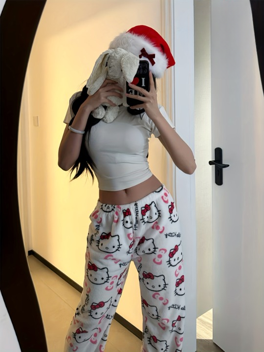 Hello Kitty Plush Pajama Pants – Cozy Cartoon Lounge Bottoms for Women&Men