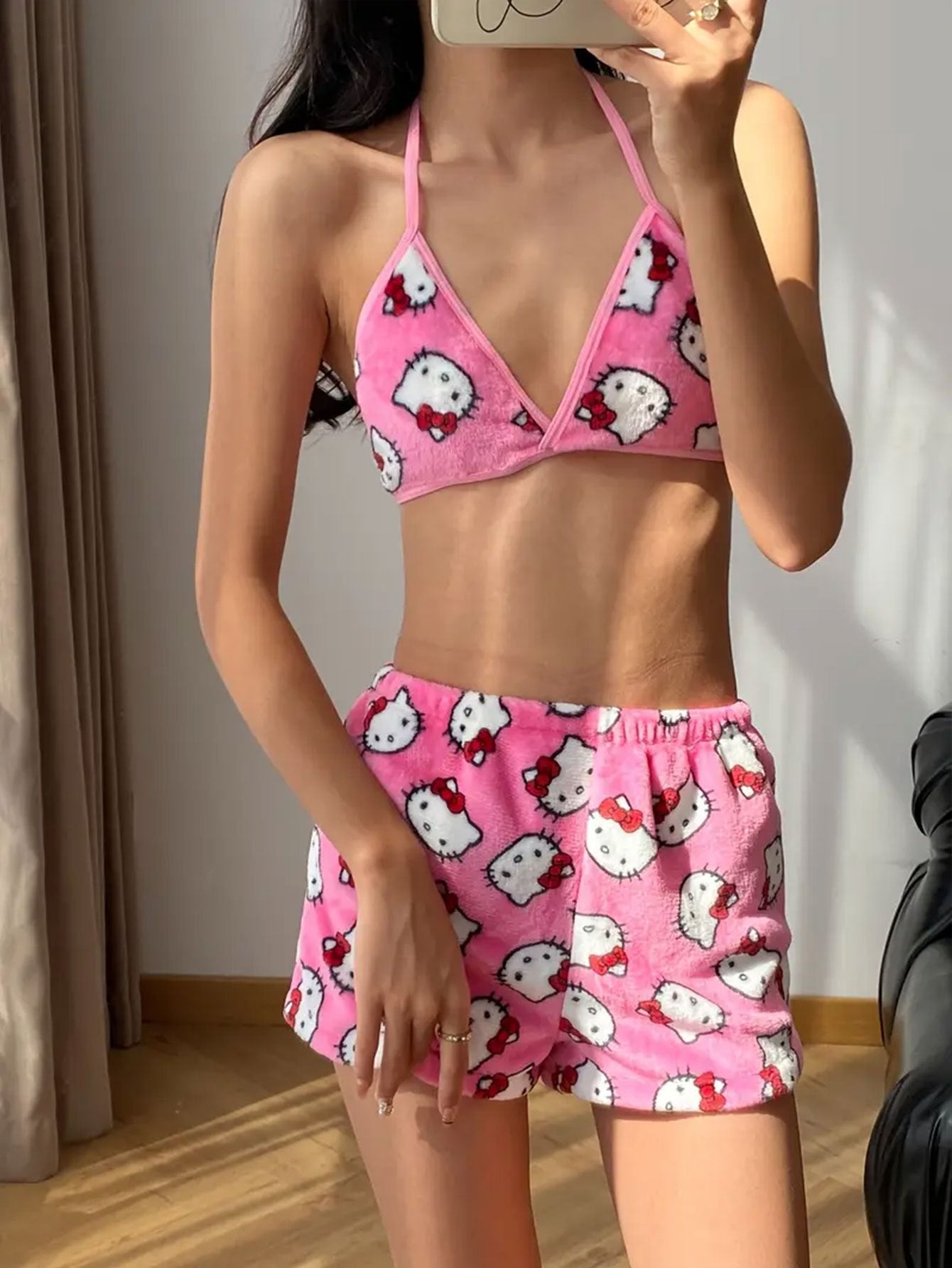 Hello Kitty Fleece Pajama Set – Soft & Cute Triangle Top and Shorts Sleepwear