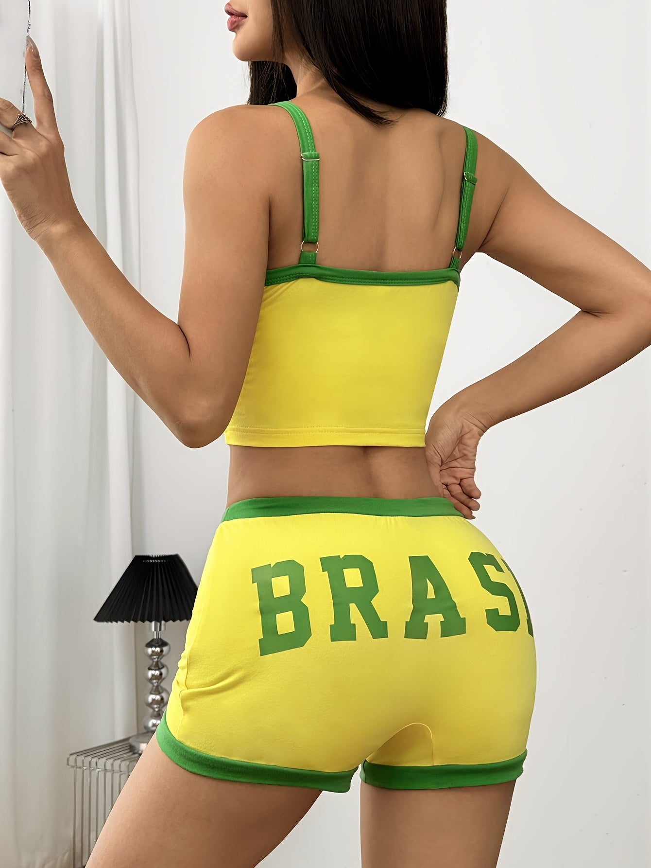 Women's Brazil Inspired Two Piece Set – 'Brasil' Crop Top and Shorts in Green & Yellow