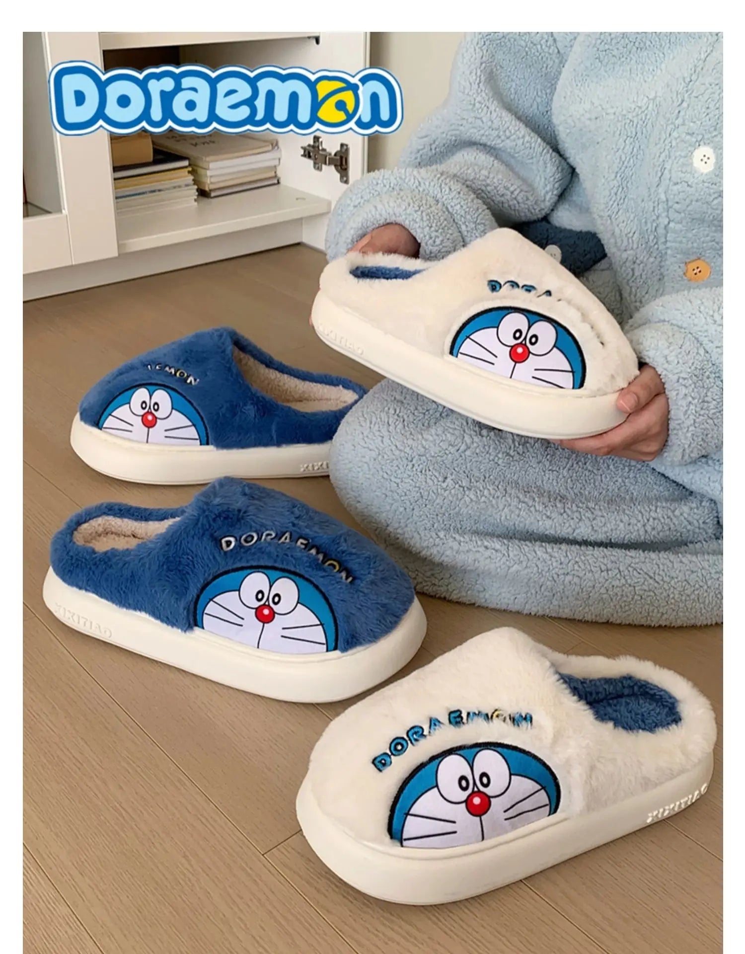 Fluffy Doraemon Slippers – Cozy Indoor Winter Shoes for Women & Men