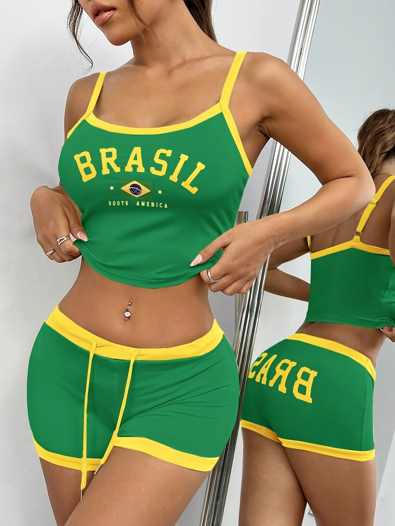 Women's Brazil Inspired Two Piece Set – 'Brasil' Crop Top and Shorts in Green & Yellow
