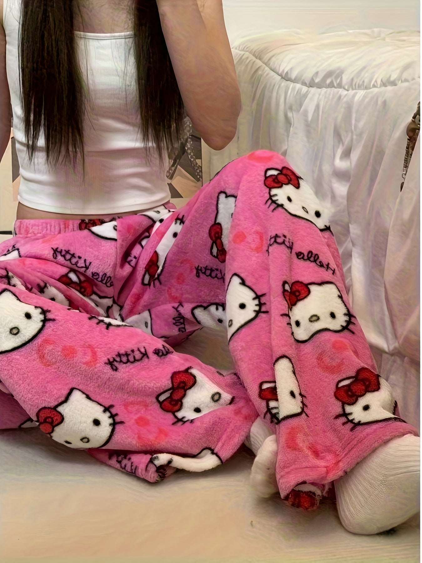 Hello Kitty Plush Pajama Pants – Cozy Cartoon Lounge Bottoms for Women&Men