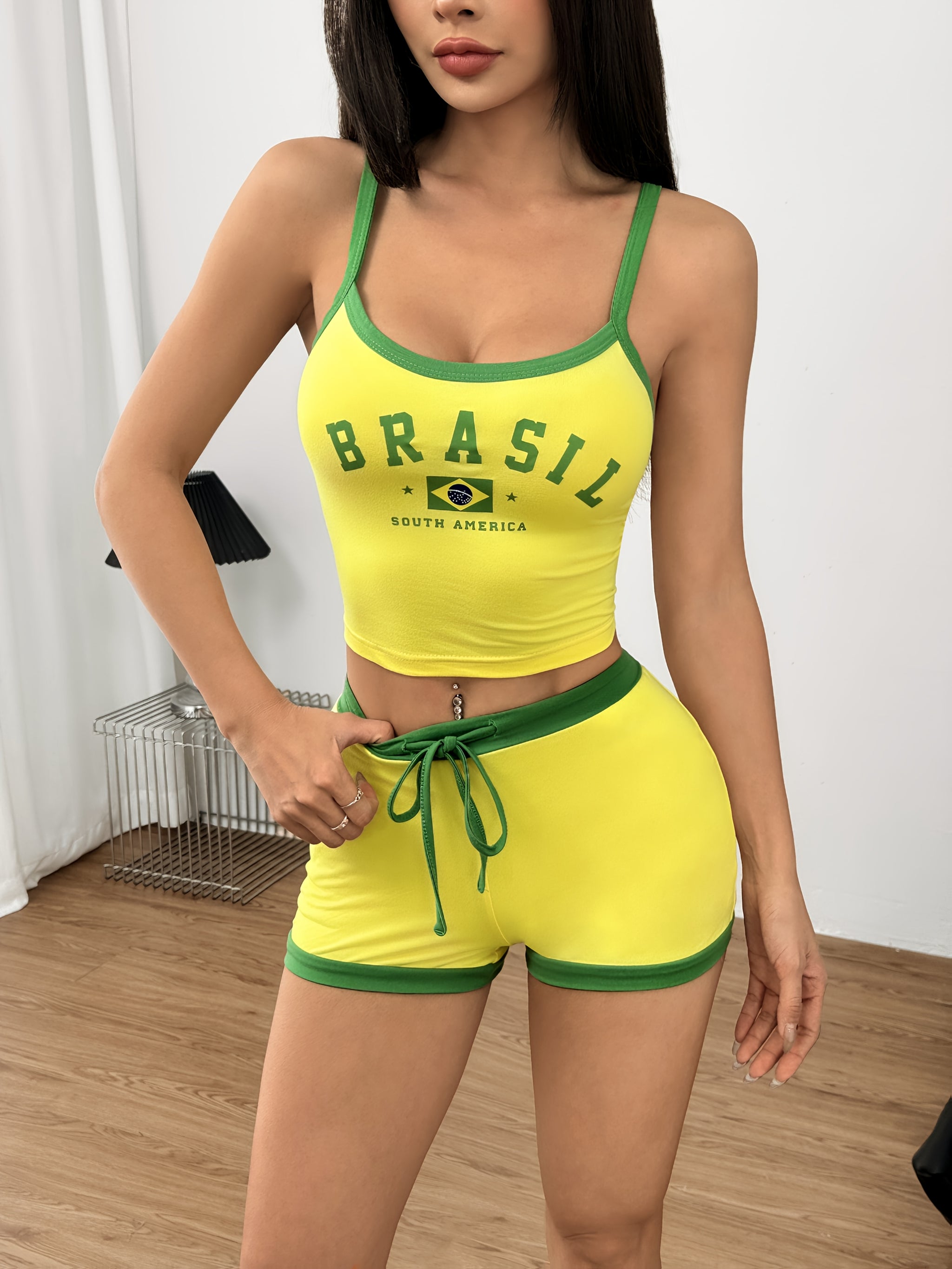 Women's Brazil Inspired Two Piece Set – 'Brasil' Crop Top and Shorts in Green & Yellow