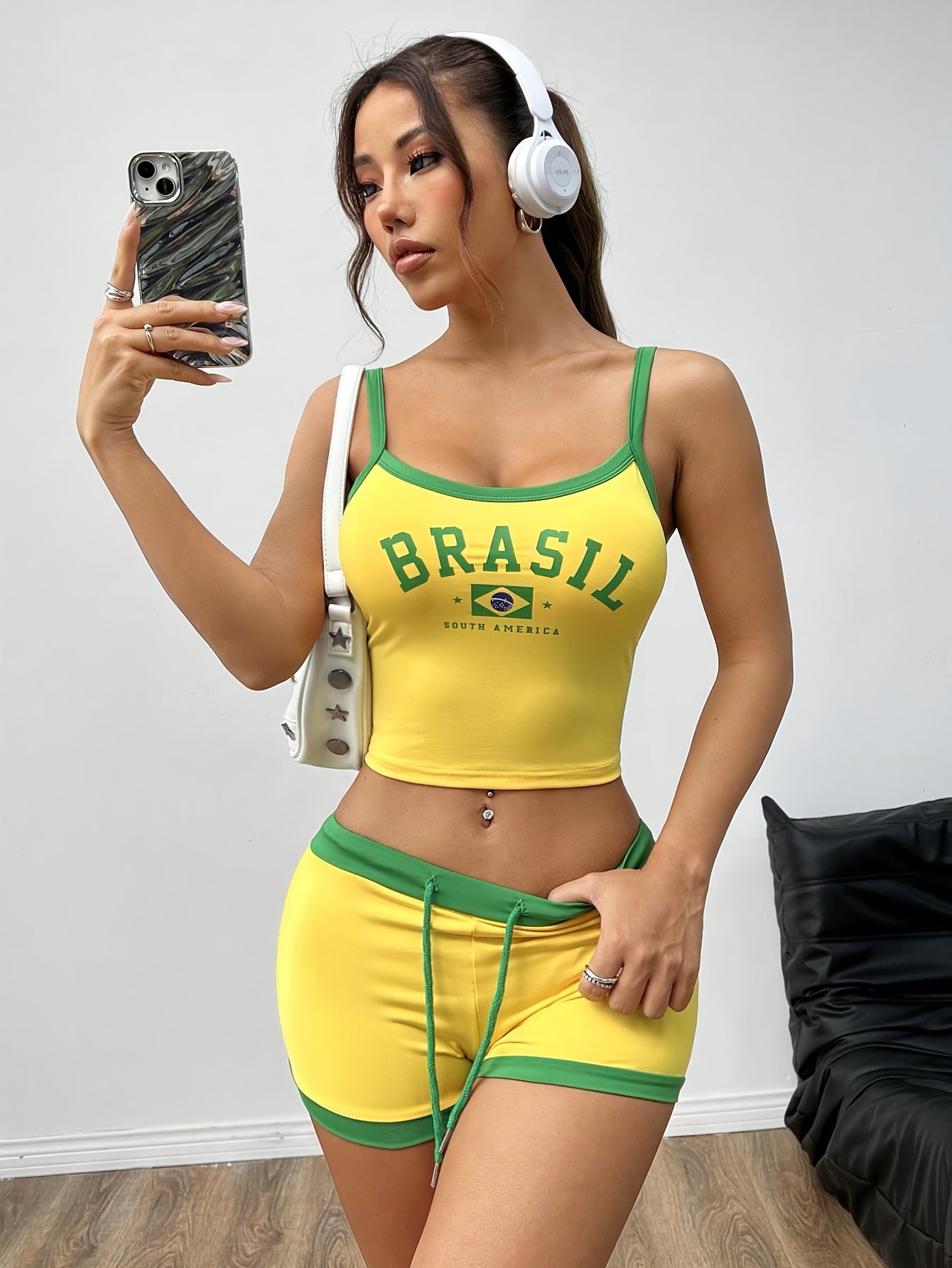 Women's Brazil Inspired Two Piece Set – 'Brasil' Crop Top and Shorts in Green & Yellow