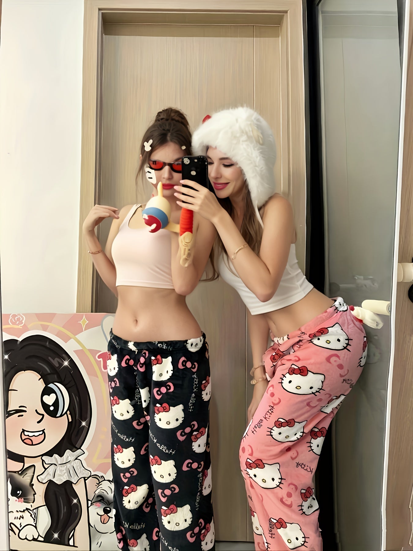 Hello Kitty Plush Pajama Pants – Cozy Cartoon Lounge Bottoms for Women&Men