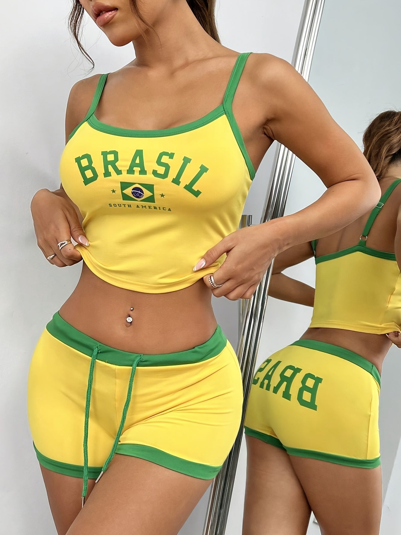 Women's Brazil Inspired Two Piece Set – 'Brasil' Crop Top and Shorts in Green & Yellow
