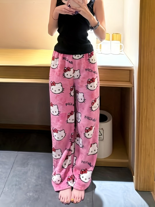 Hello Kitty Plush Pajama Pants – Cozy Cartoon Lounge Bottoms for Women&Men