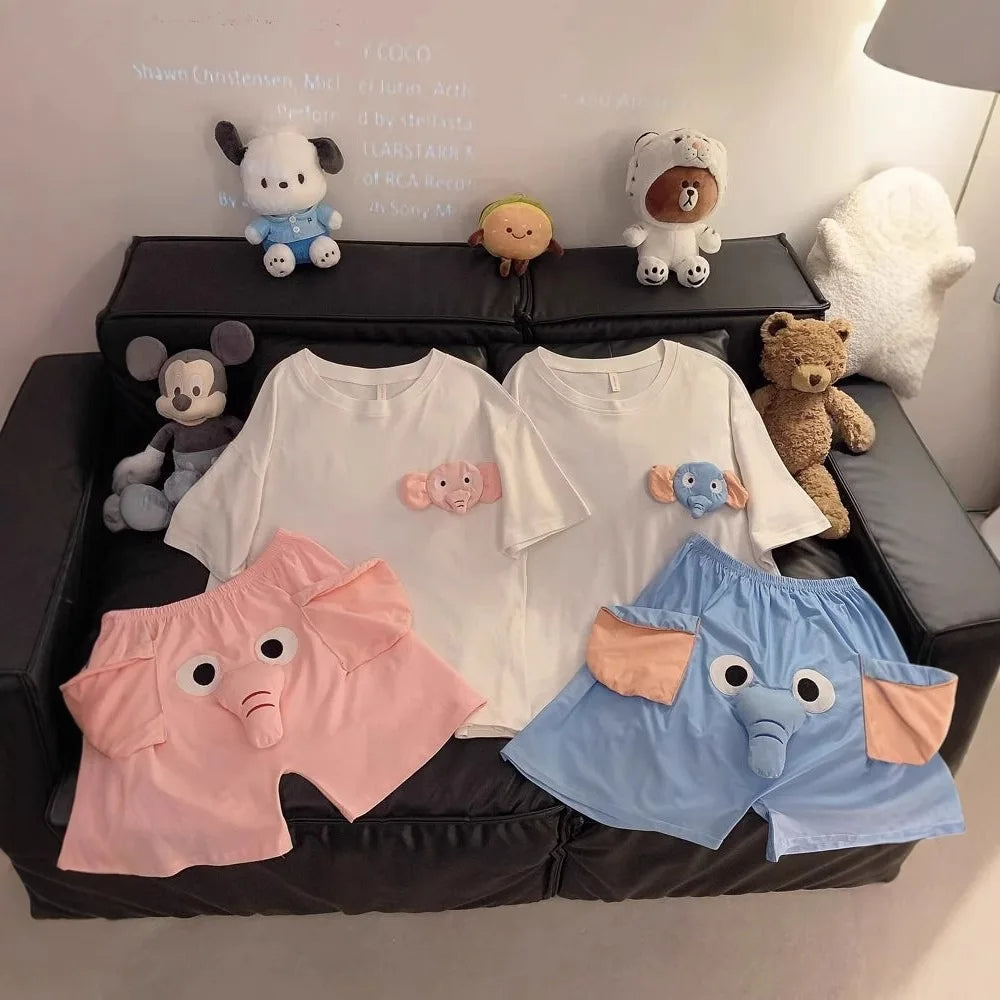 Matching Elephant Couple Pajama Set – Cute 3D Cartoon Loungewear for Lovers