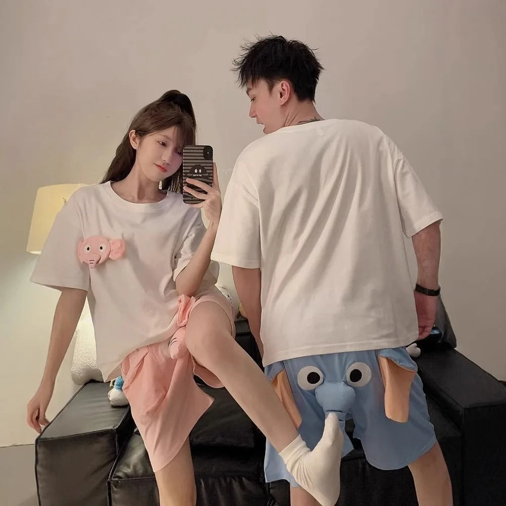 Matching Elephant Couple Pajama Set – Cute 3D Cartoon Loungewear for Lovers